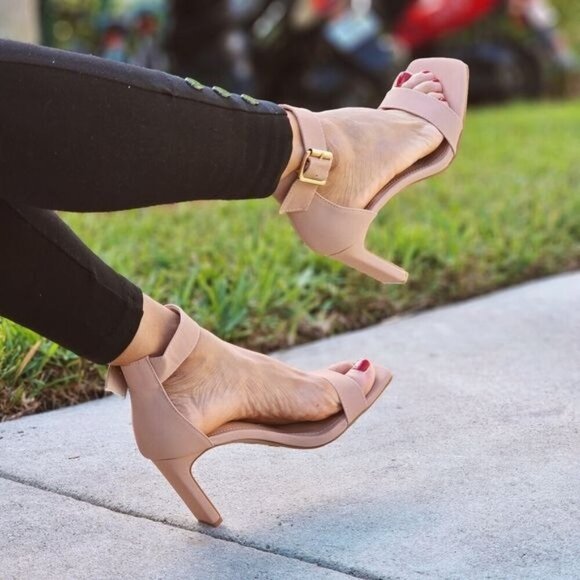 Women's Ankle Strap Block Heel Dress Sandals Nude Color - Picture 3 of 7